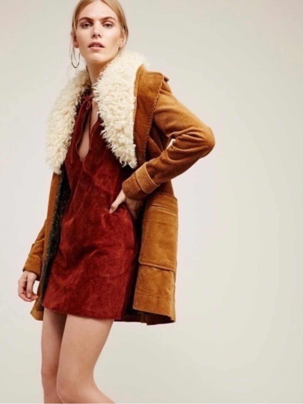 Free People Penny Lane Coat Large Honey Brown Corduroy Faux Fur Sherpa Collar
